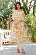 Cream & Yellow Cotton Floral Printed Kurta Set