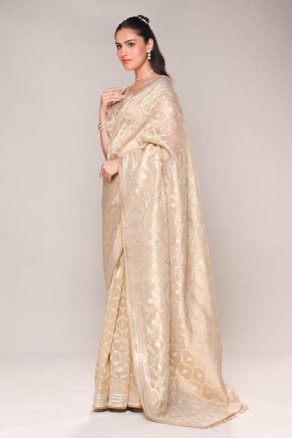 Beige Color Tissue Silk Resham & Sequins Embroidered Saree
