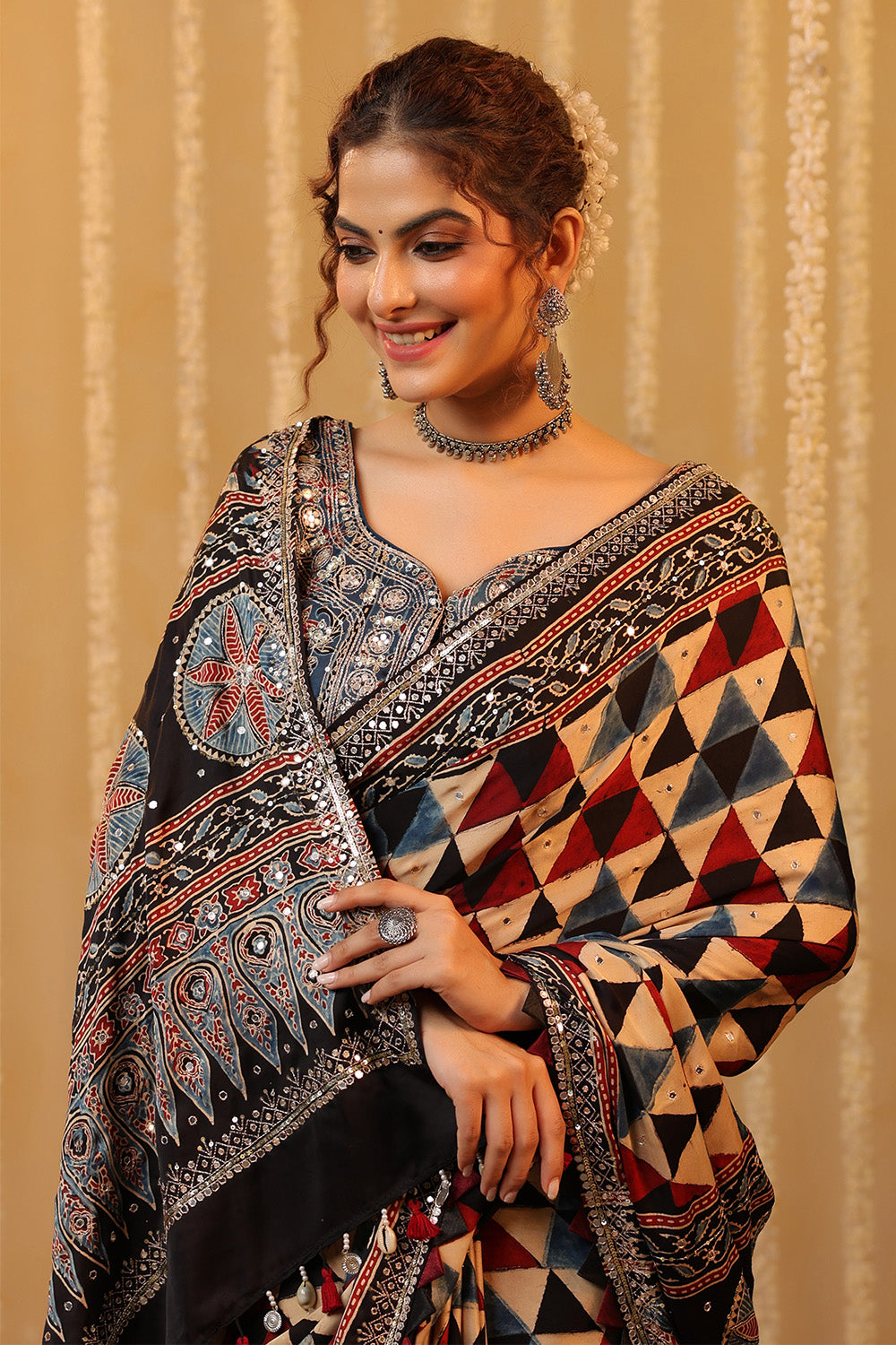 Navy & Beige Printed And Embroidered Pure Mulberry Silk Saree
