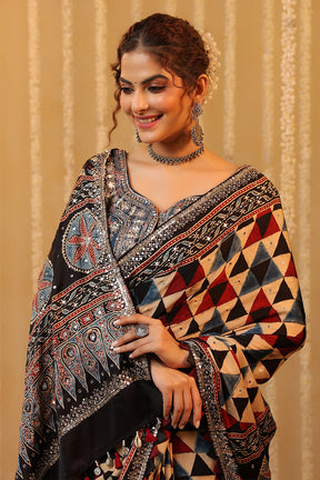 Navy & Beige Printed And Embroidered Pure Mulberry Silk Saree