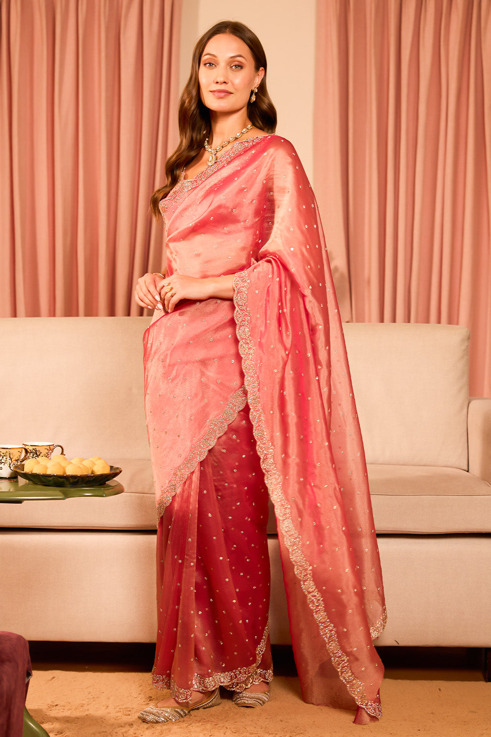 Dusty Pink Tissue Swaroski Work Saree