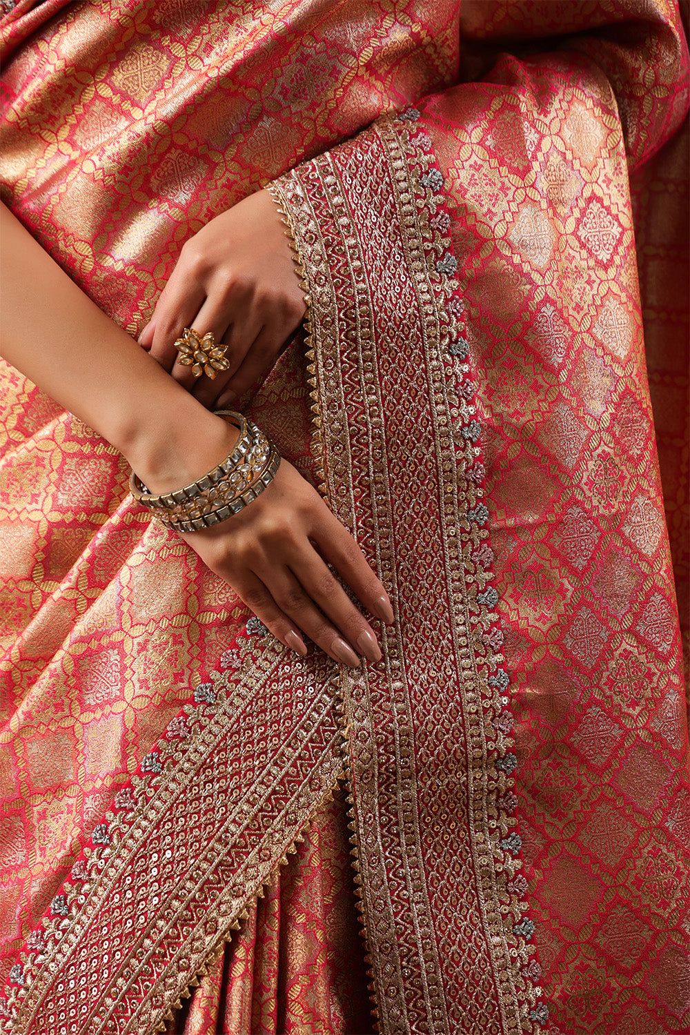 Cherry Red & Gold Color Woven Saree