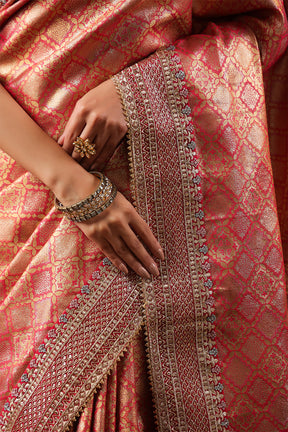 Cherry Red & Gold Color Woven Saree