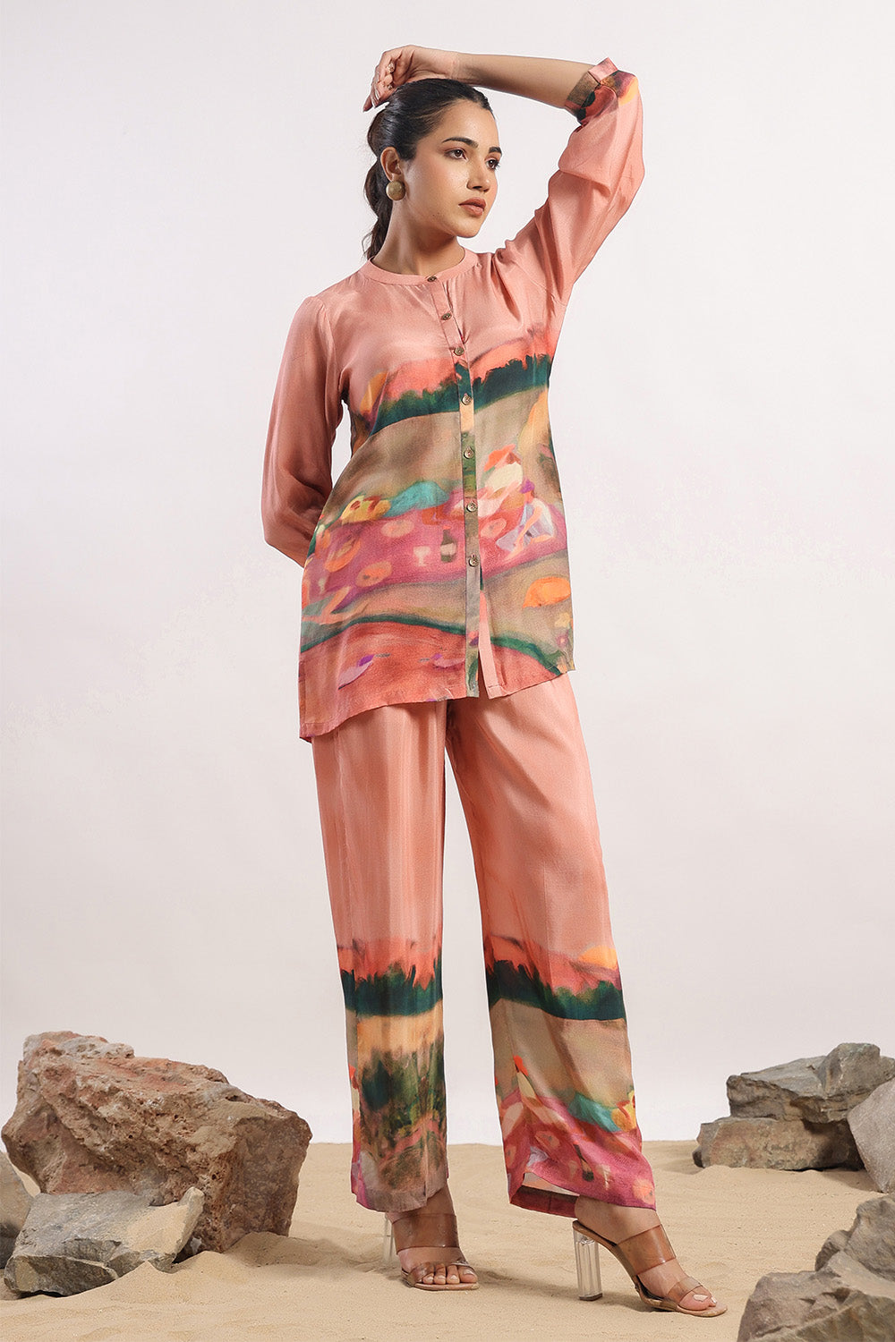 Peach Colour Muslin Printed Co-Ord Dress