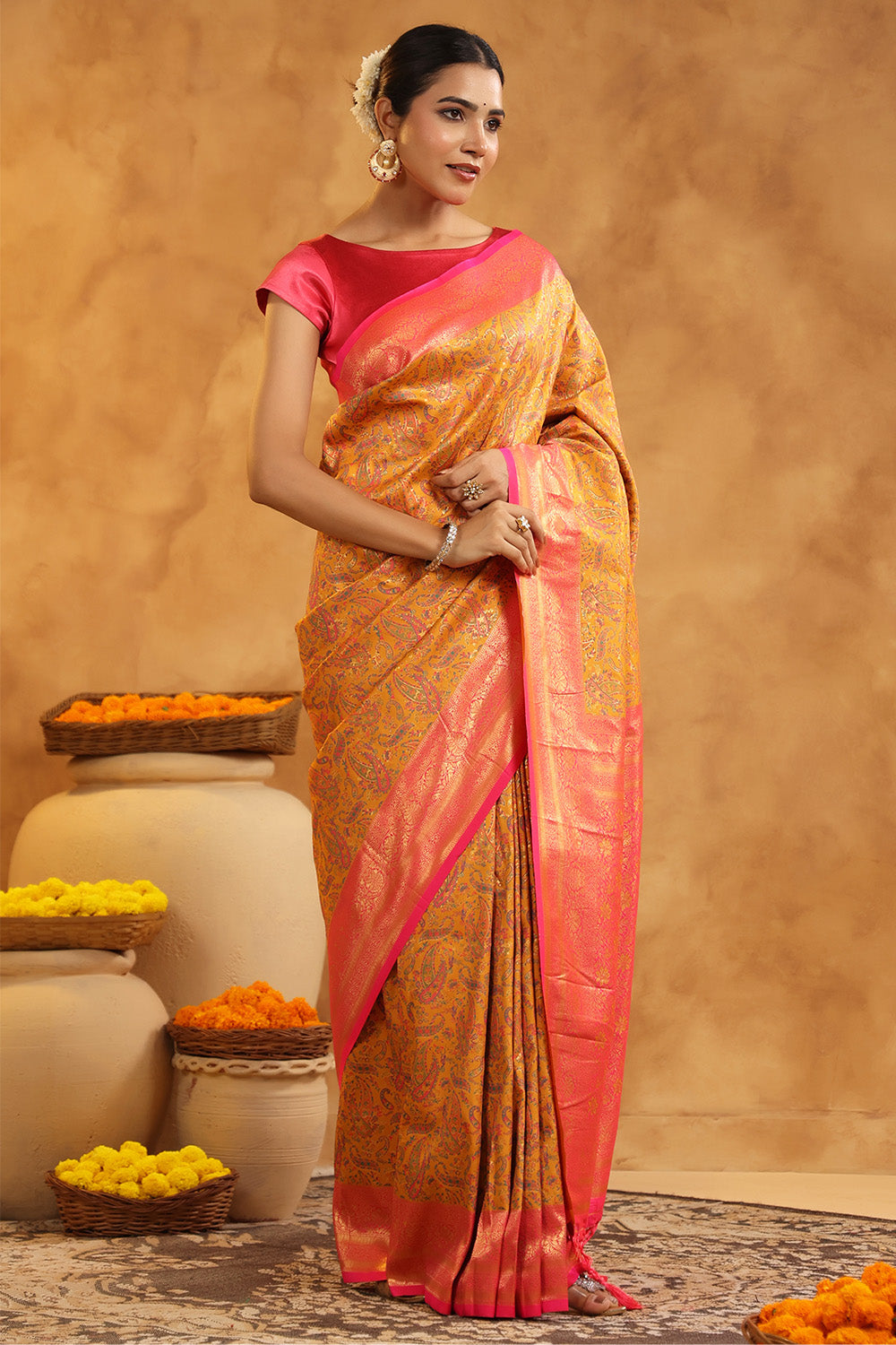 Mustard Color Resham Woven Saree