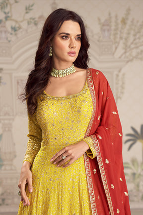 Yellow Georgette Zari and Sequins Embroidered Anarkali Suit