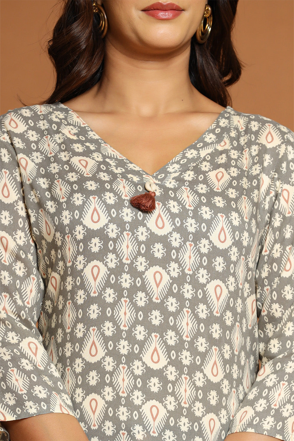 Grey & Beige Color Cotton Printed Tunic