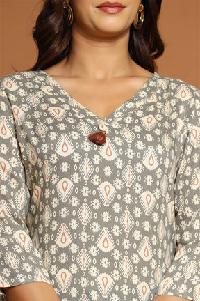 Grey & Beige Color Cotton Printed Tunic