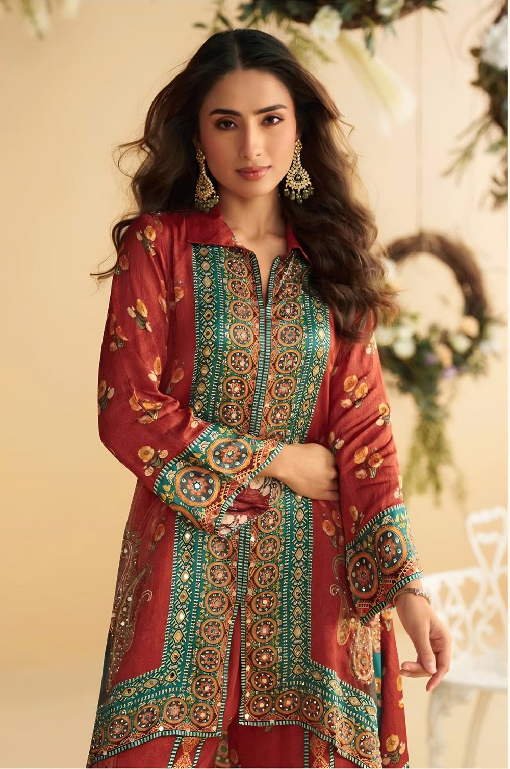 Rust & Teal Printed Crepe Kurta Set With Palazzo