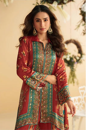 Rust & Teal Printed Crepe Kurta Set With Palazzo