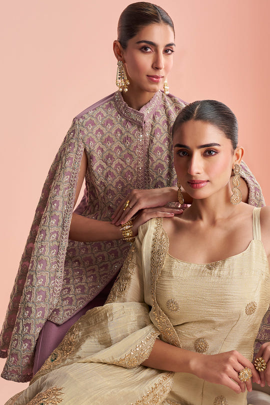 Dusty Pink Crepe Silk Embroidered Dress With Embroidered Palazzo