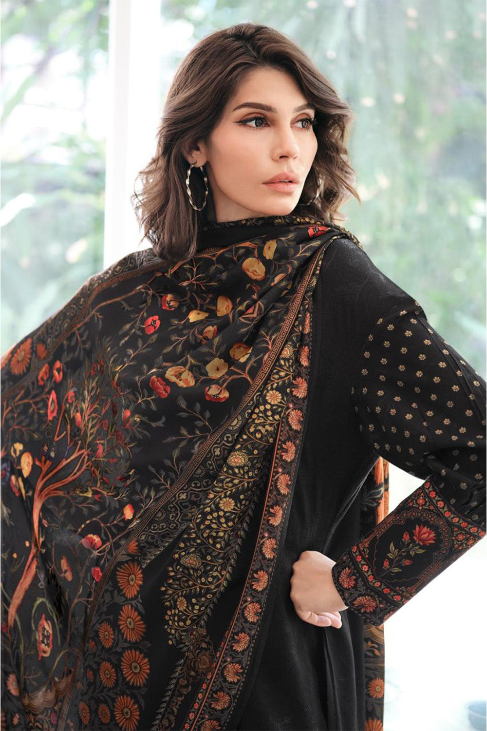 Black Cotton Silk Digital Printed Unstitched Suit Material