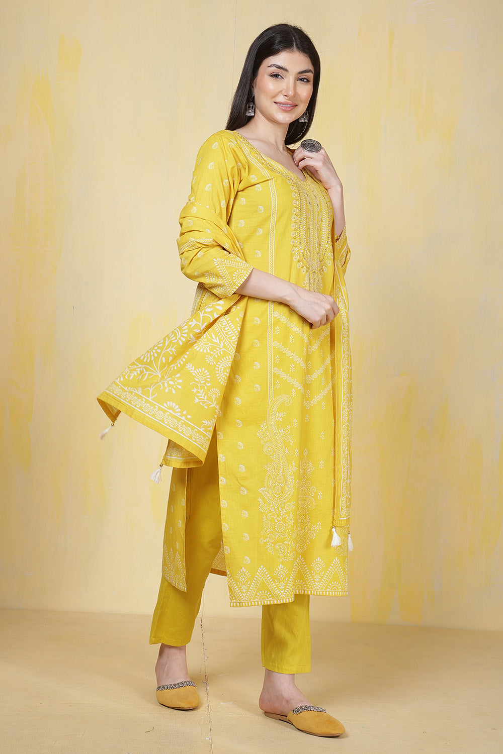 Mustard Cotton Printed & Neck Embroidered Suit