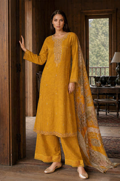 Mustard Matka Silk Embroidered Unstitched Suit Material