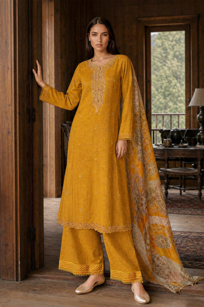 Mustard Matka Silk Embroidered Unstitched Suit Material