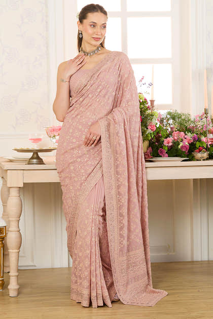 Dusty Pink Georgette Embroidered And Swaroski Work Saree