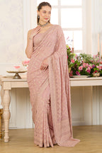 Dusty Pink Georgette Embroidered And Swaroski Work Saree