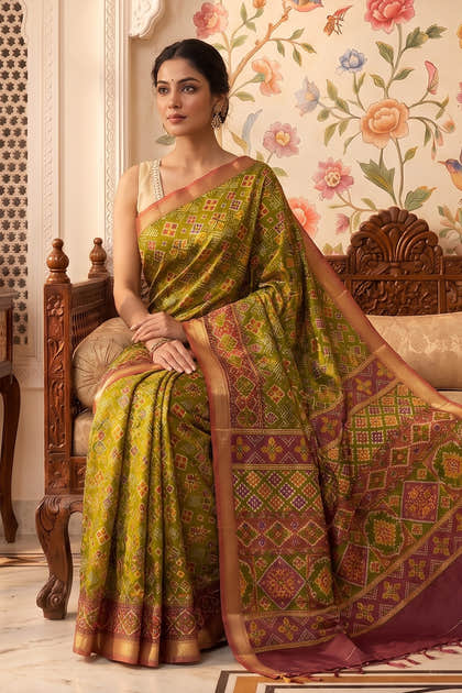 Green Cotton Printed And Woven Border Saree