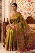 Green Cotton Printed And Woven Border Saree