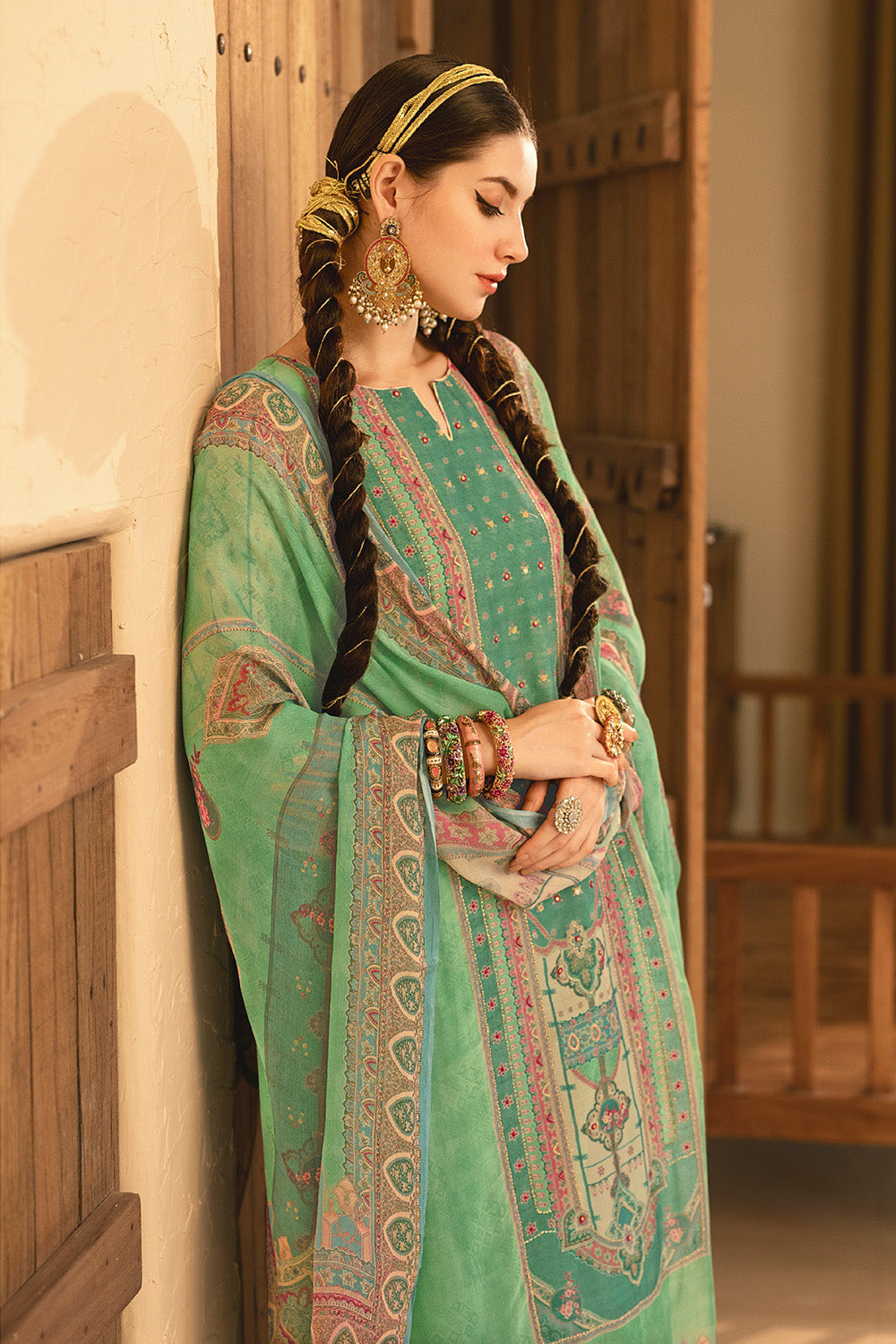 Green Color Organza Printed Unstitched Suit Material