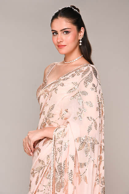 Baby Pink Color Georgette Sequins Embroidered Saree