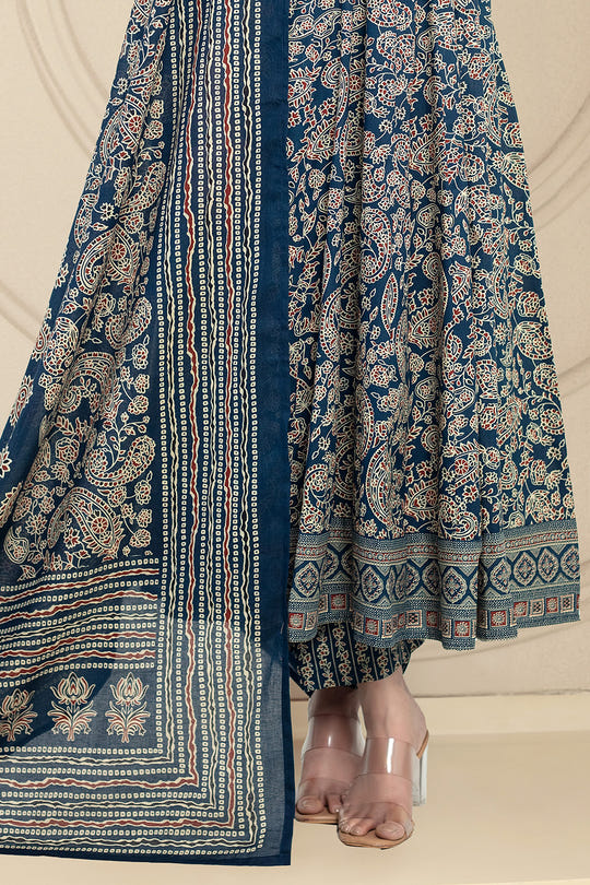 Navy Cotton Printed Anarkali Suit Set
