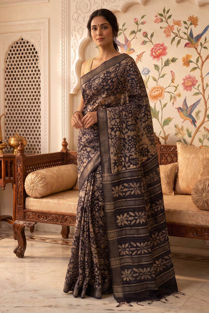 Navy And Beige Cotton Printed And Woven Border Saree