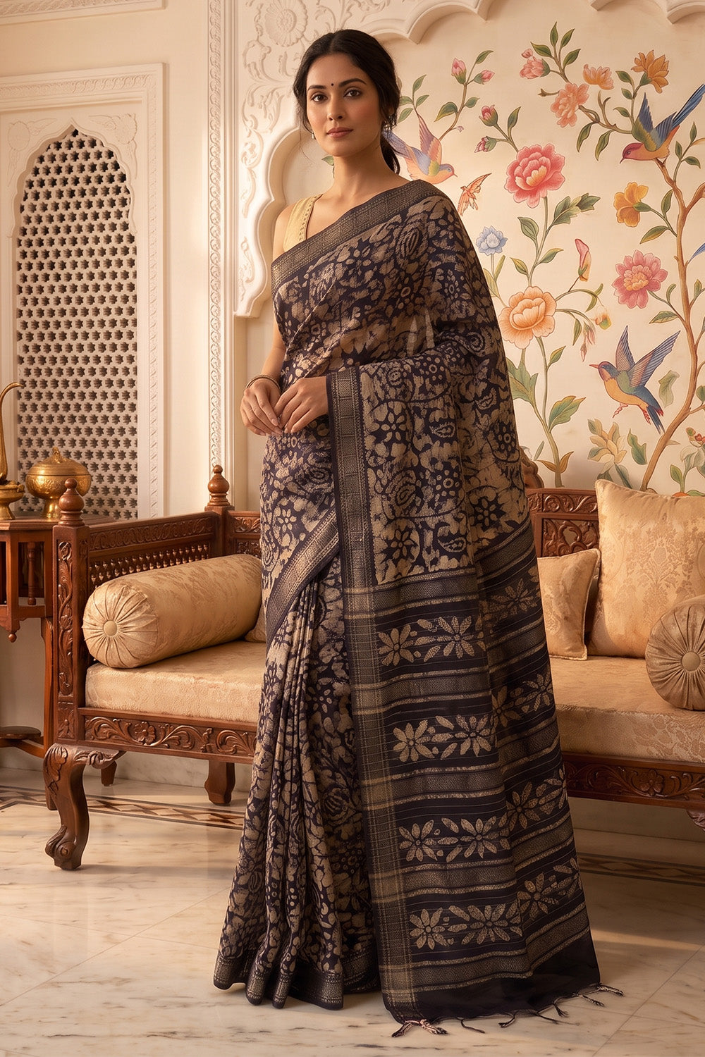 Navy And Beige Cotton Printed And Woven Border Saree