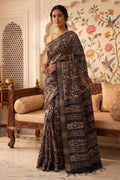 Navy And Beige Cotton Printed And Woven Border Saree