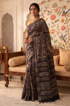 Navy And Beige Cotton Printed And Woven Border Saree