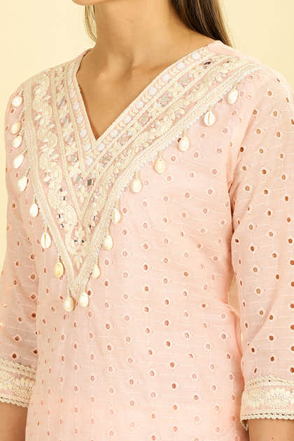 Pink Cotton Hacoba Style Neck-Embroidered Kurta Set