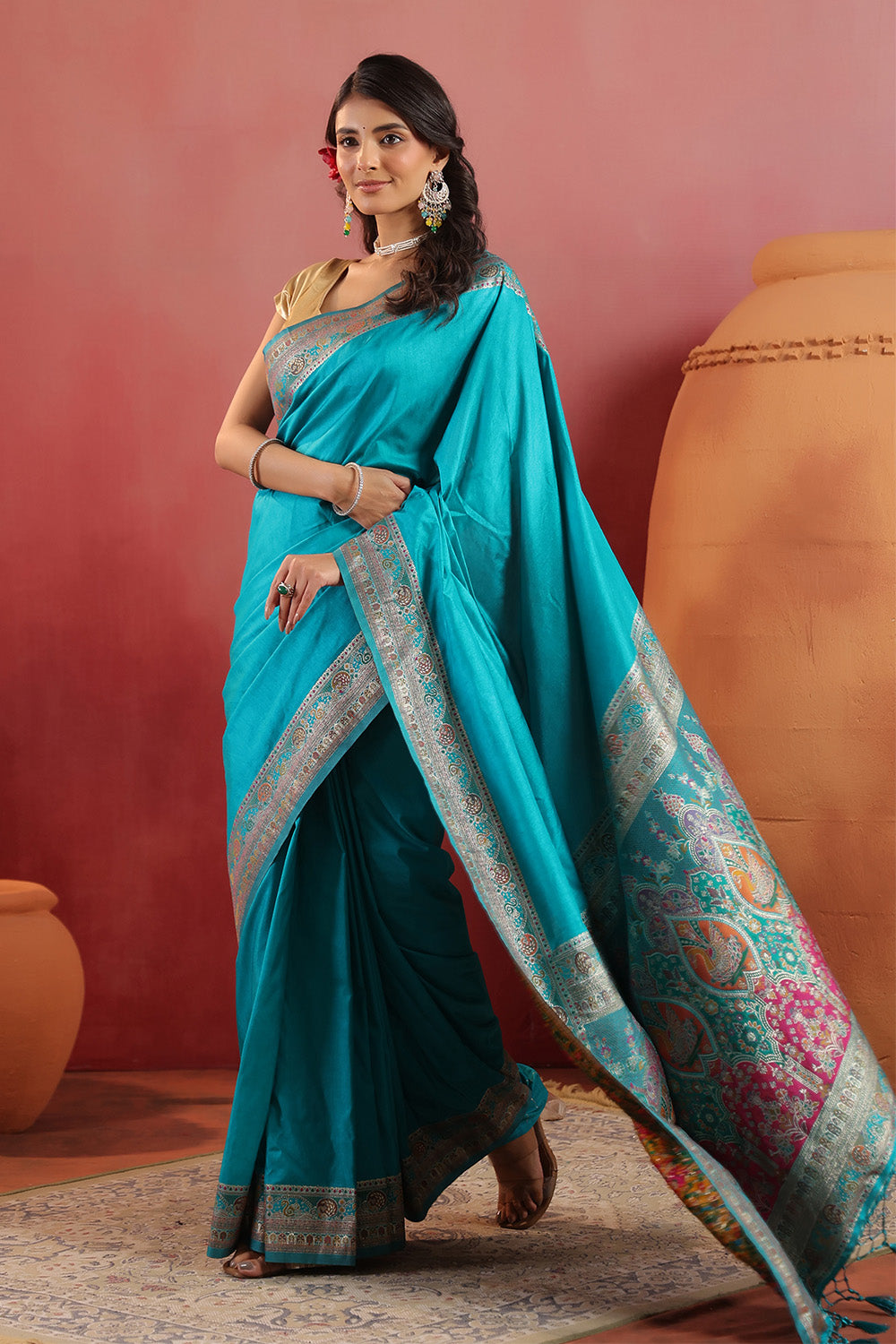 Teal Soft Silk Kalamkari Woven Saree
