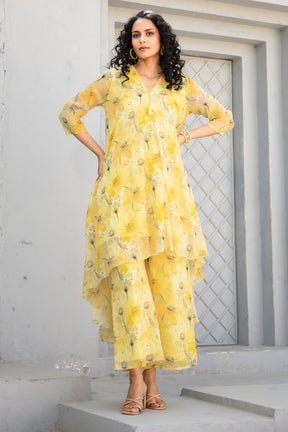 Yellow Chinone Floral Printed Kurta with Palazzo