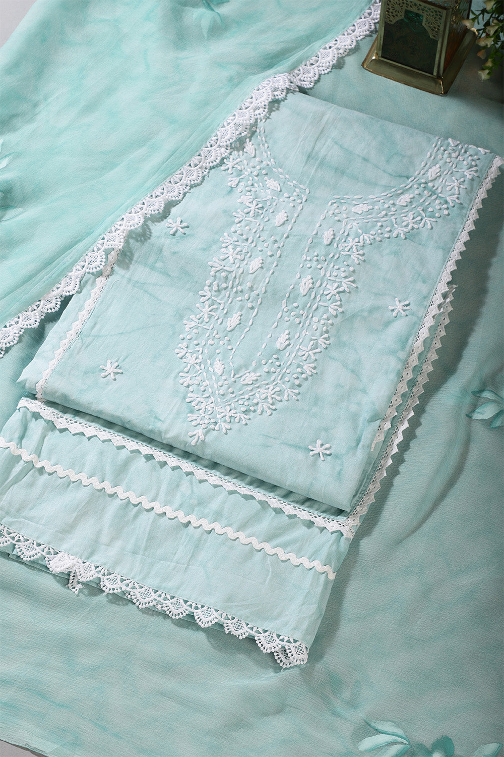 Turquoise Color Cotton Resham Embroidered And Lace Work Unstitched Suit