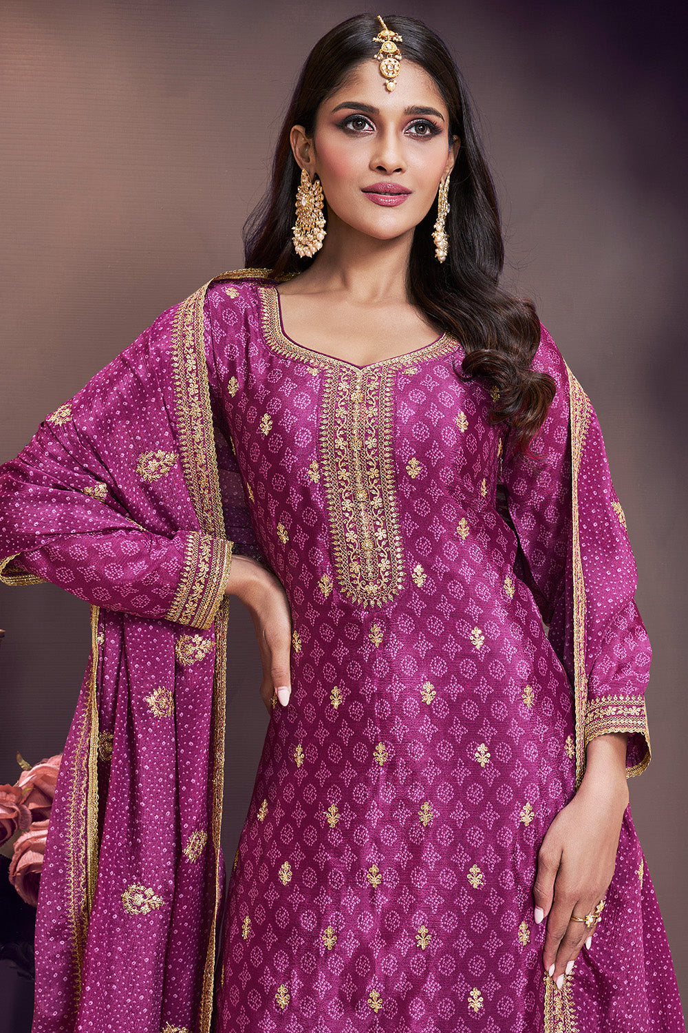 Dark Raspberry Color Bandhani Printed & Embroidered Crepe Silk Unstitched Suit Material With Readymade Palazzo