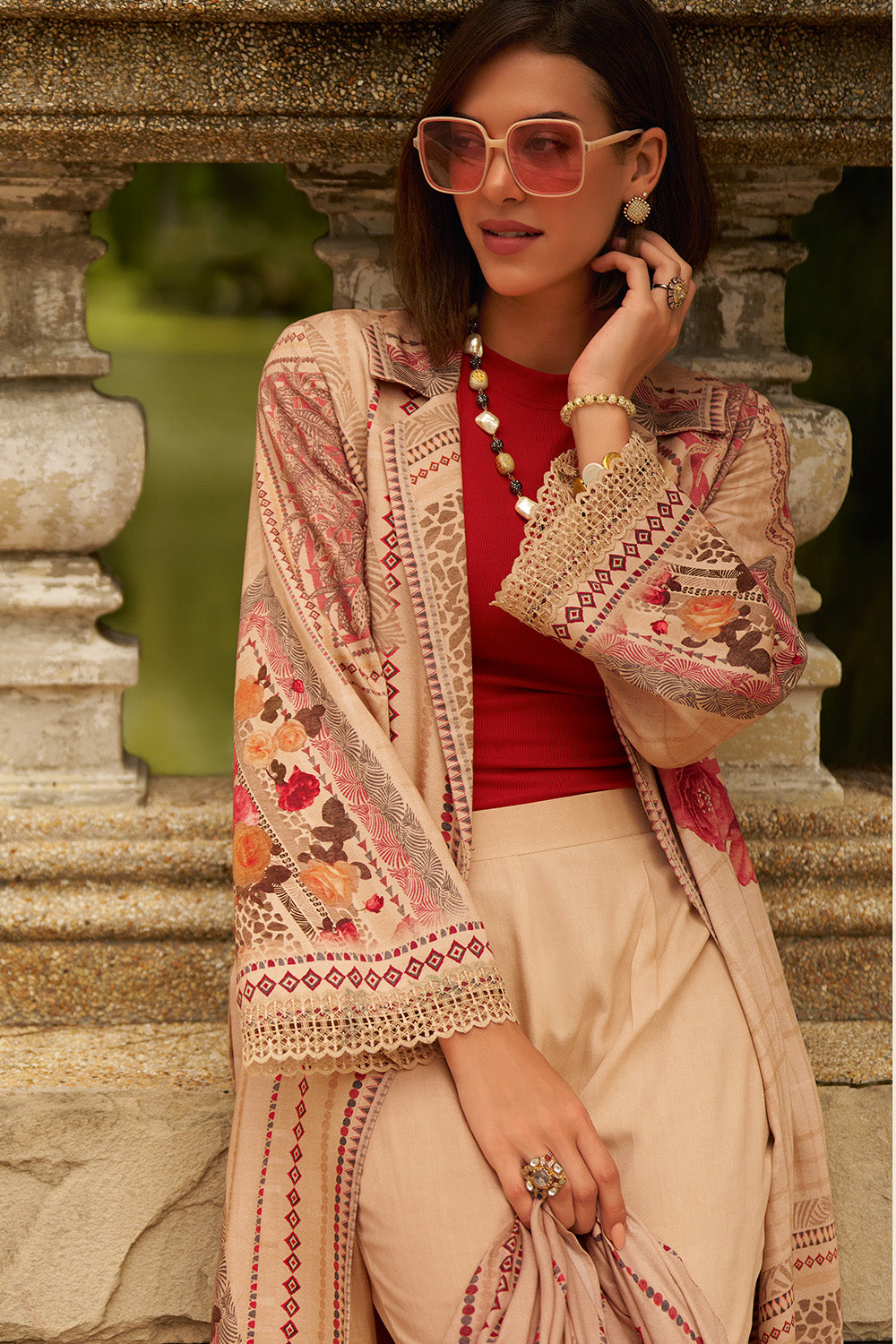 Beige Color Spun Fabric Printed Unstitched Suit
