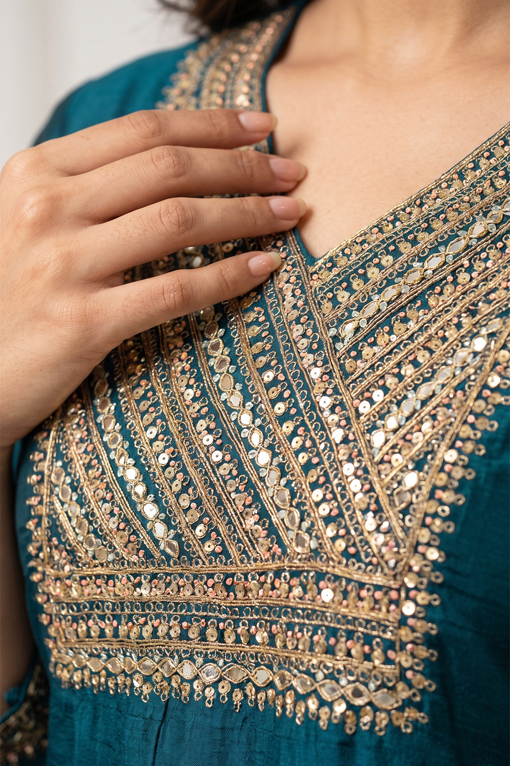 Teal Neck-Embroidered Silk Straight Suit