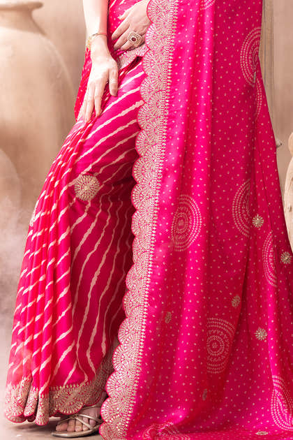 Magenta Pink Gajji Silk Embroidered and Printed Saree