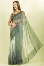 Ombre Sage Green Organza Saree With Mirror Work