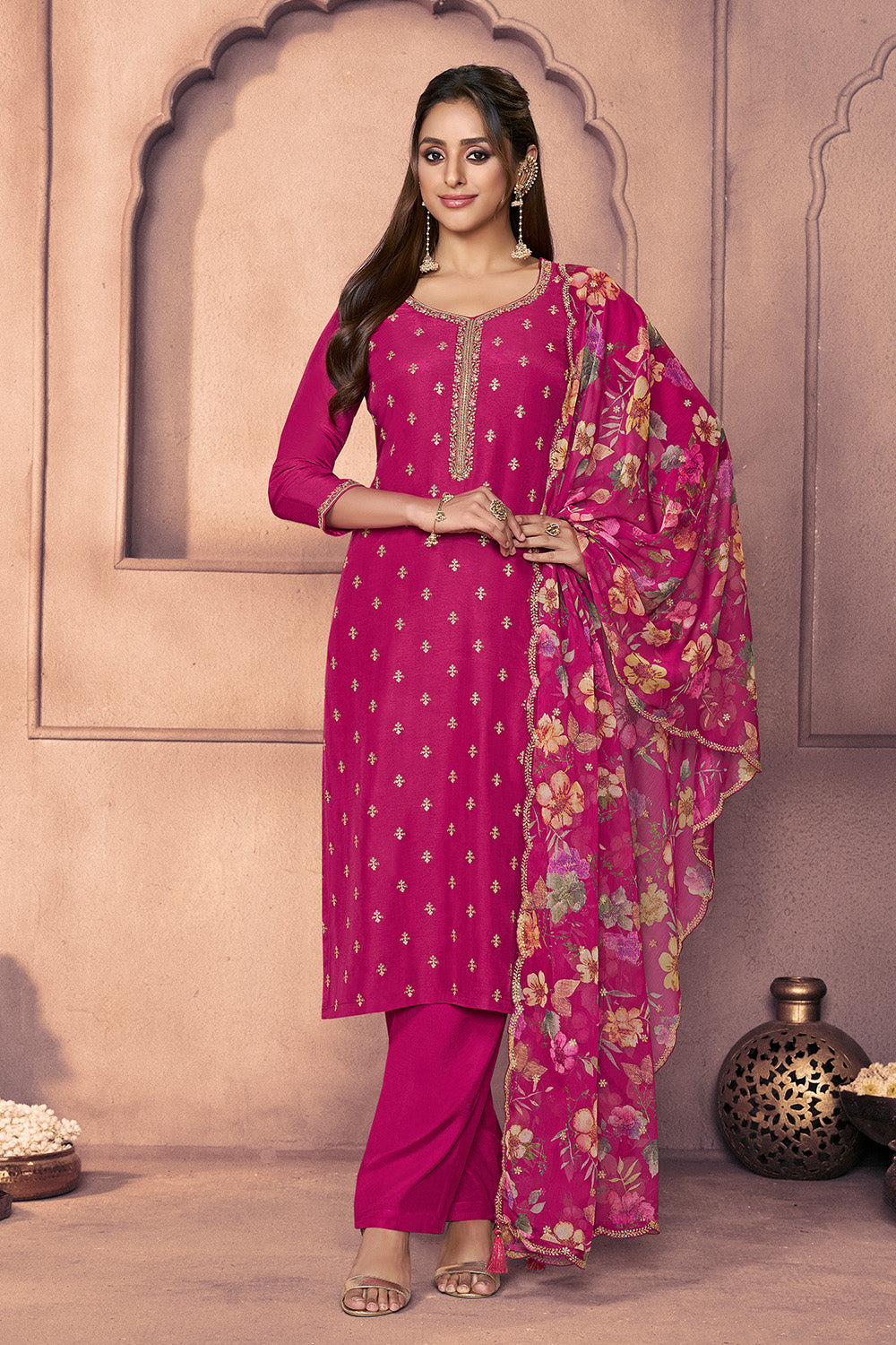 Cherry Red Embroidered Suit Set