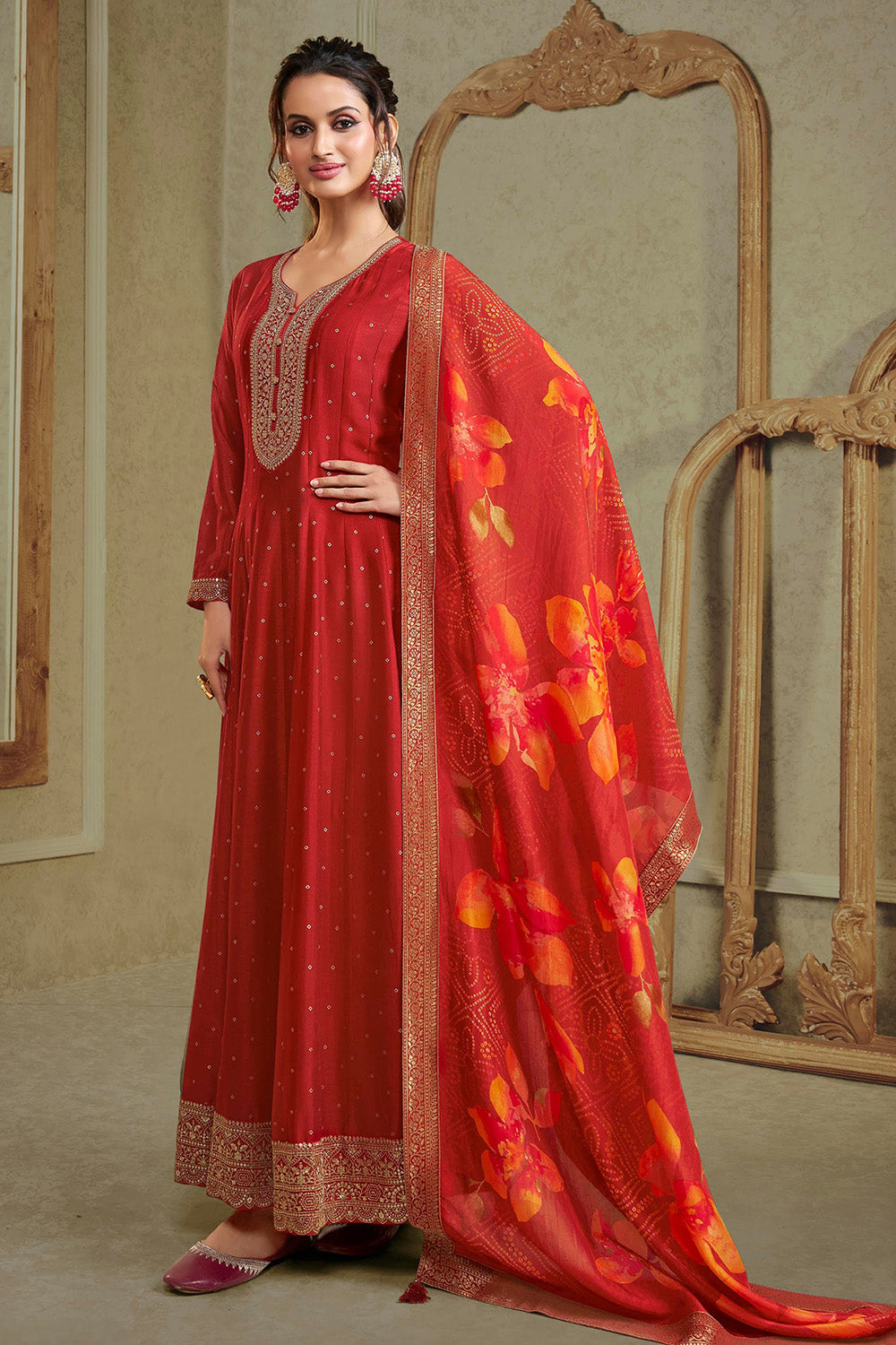 Red Color Silk Embroidered Anarkali Kurta Set