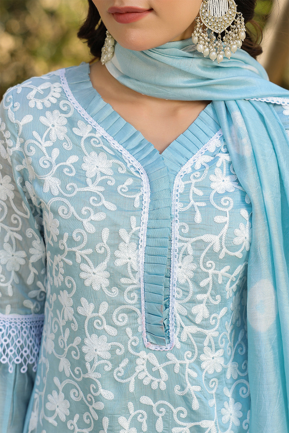 Powder Blue Color Chanderi Silk Resham Embroidered Suit