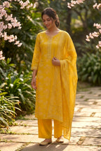 Mustard Muslin Printed Straight Suit