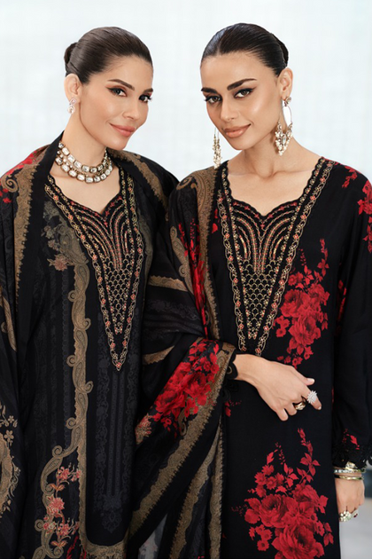 Black Crepe Silk Floral Printed Unstitched Suit Material