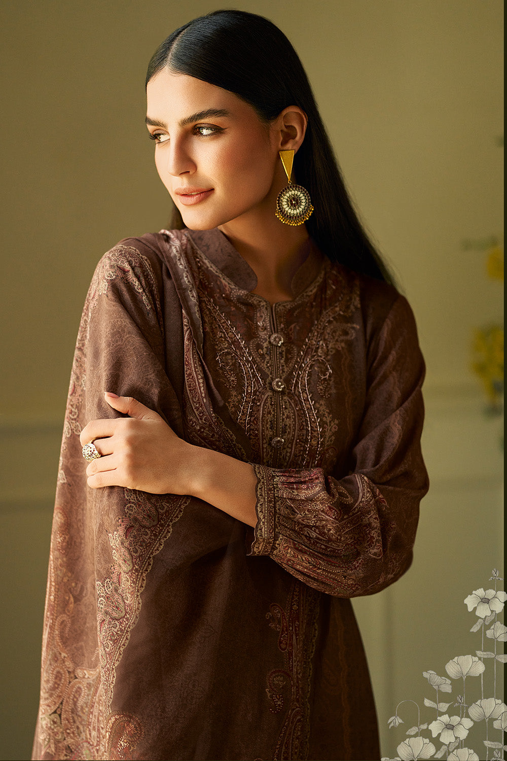 Brown Spun Printed Unstitched Suit Fabric