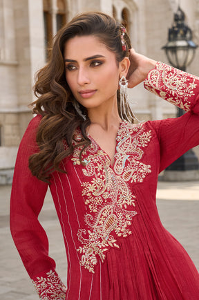 Red Crepe Silk Resham And Sequins Embroidered Anarkali Gown