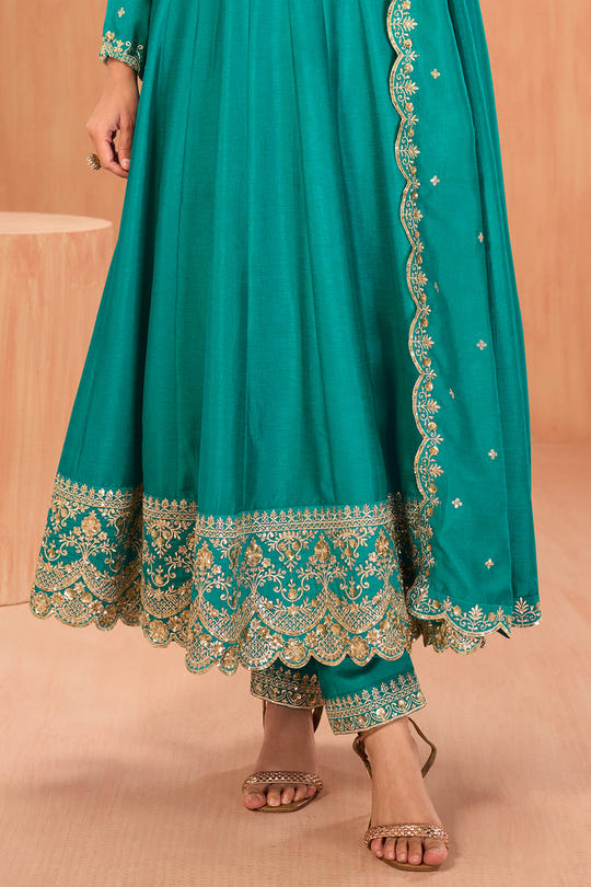 Teal Crepe Silk Zari and Sequins Embroidered Anarkali Suit