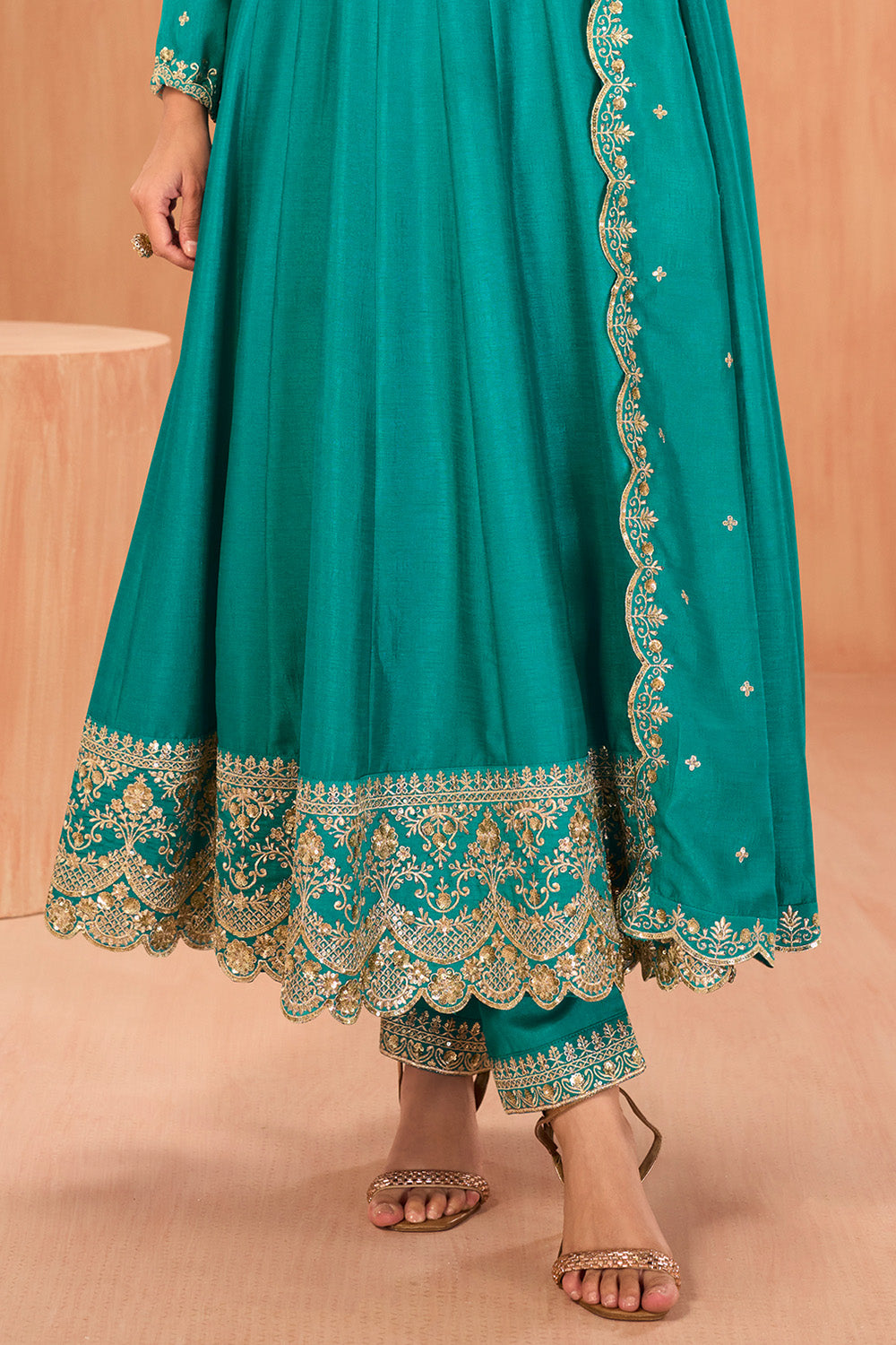 Teal Crepe Silk Zari and Sequins Embroidered Anarkali Suit