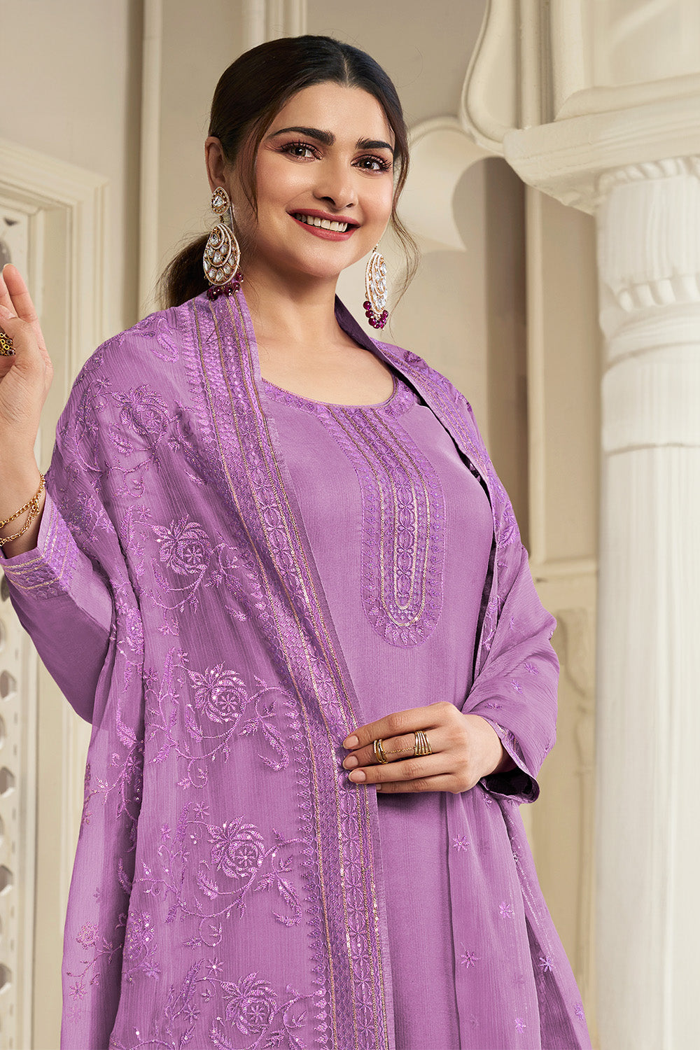 Lavender Color Chinon Resham Embroidered Unstitched Suit Material