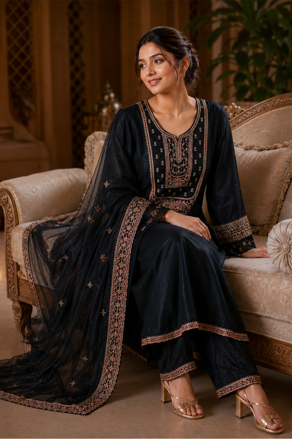 Black Crepe Silk Zari and Sequins Embroidered Anarkali Suit